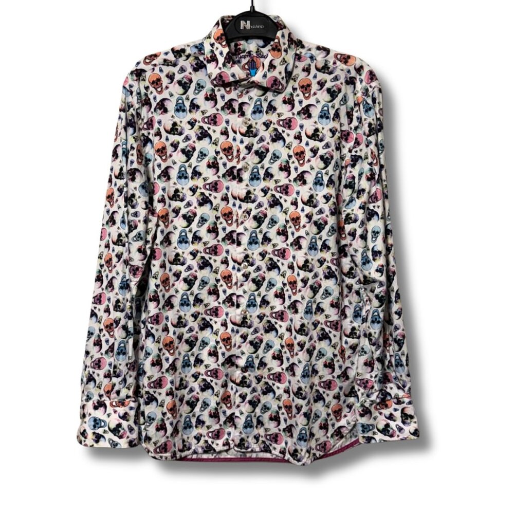 Luciano Visconti Black Skull Print Button-Up Shirt | Size Small | 100% Cotton